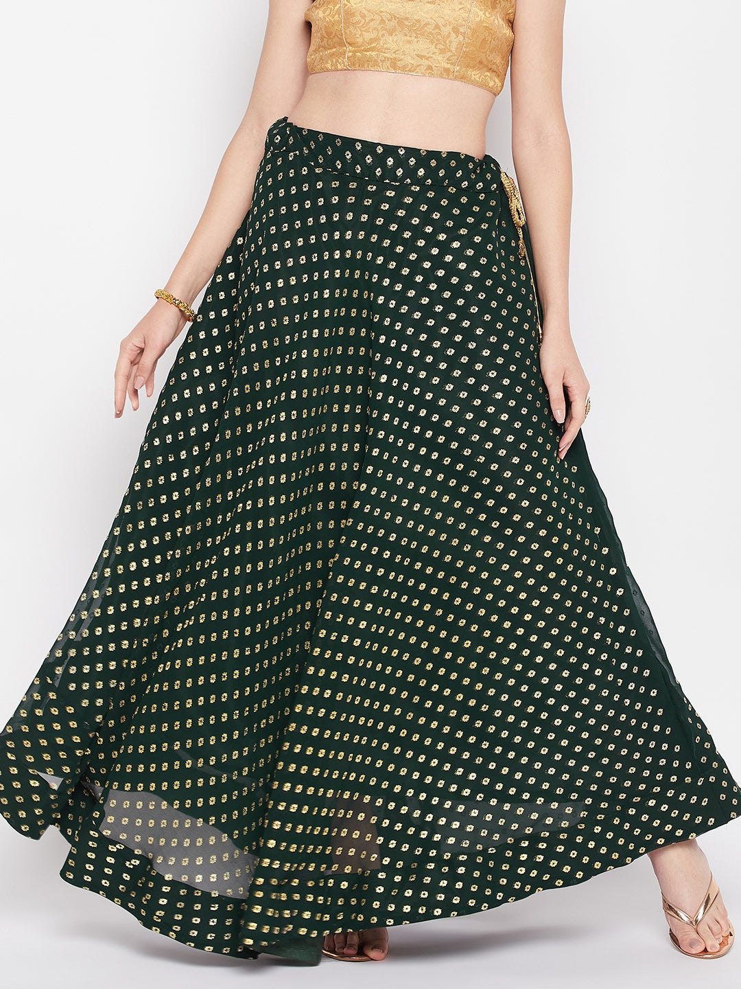 Clora Bottle Green Foil Printed Georgette Flared Skirt