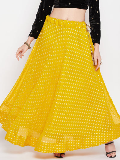 Clora Mustard Foil Printed Georgette Flared Skirt