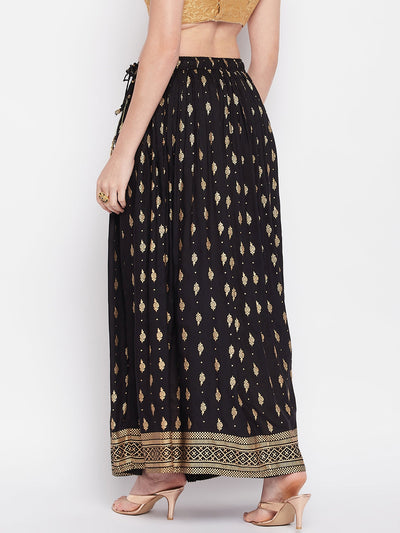 Black Printed Rayon Maxi Skirt with Elasticated Waistband and Flared Hem.