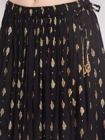 Black printed rayon maxi skirt with elasticated waistband and drawstring closure.
