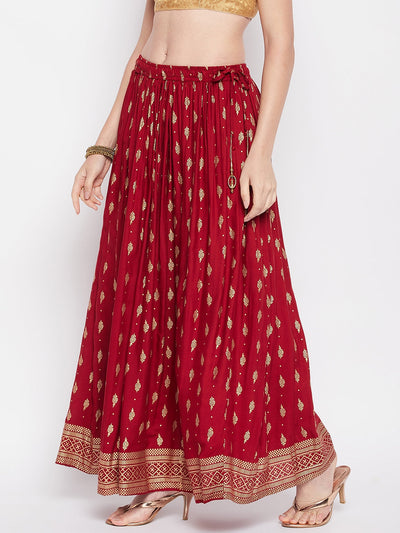 Clora Maroon Printed Rayon Maxi Skirt