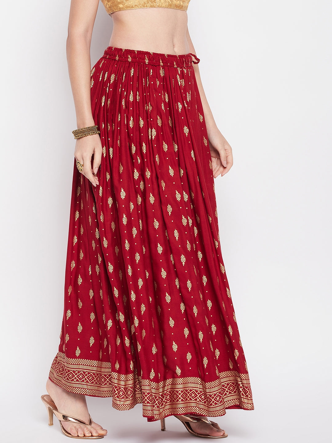 Clora Maroon Printed Rayon Maxi Skirt