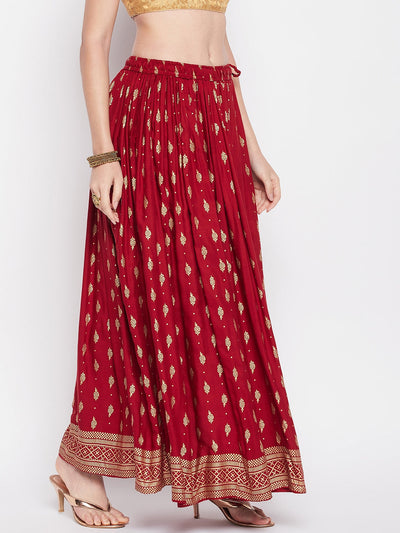 Clora Maroon Printed Rayon Maxi Skirt