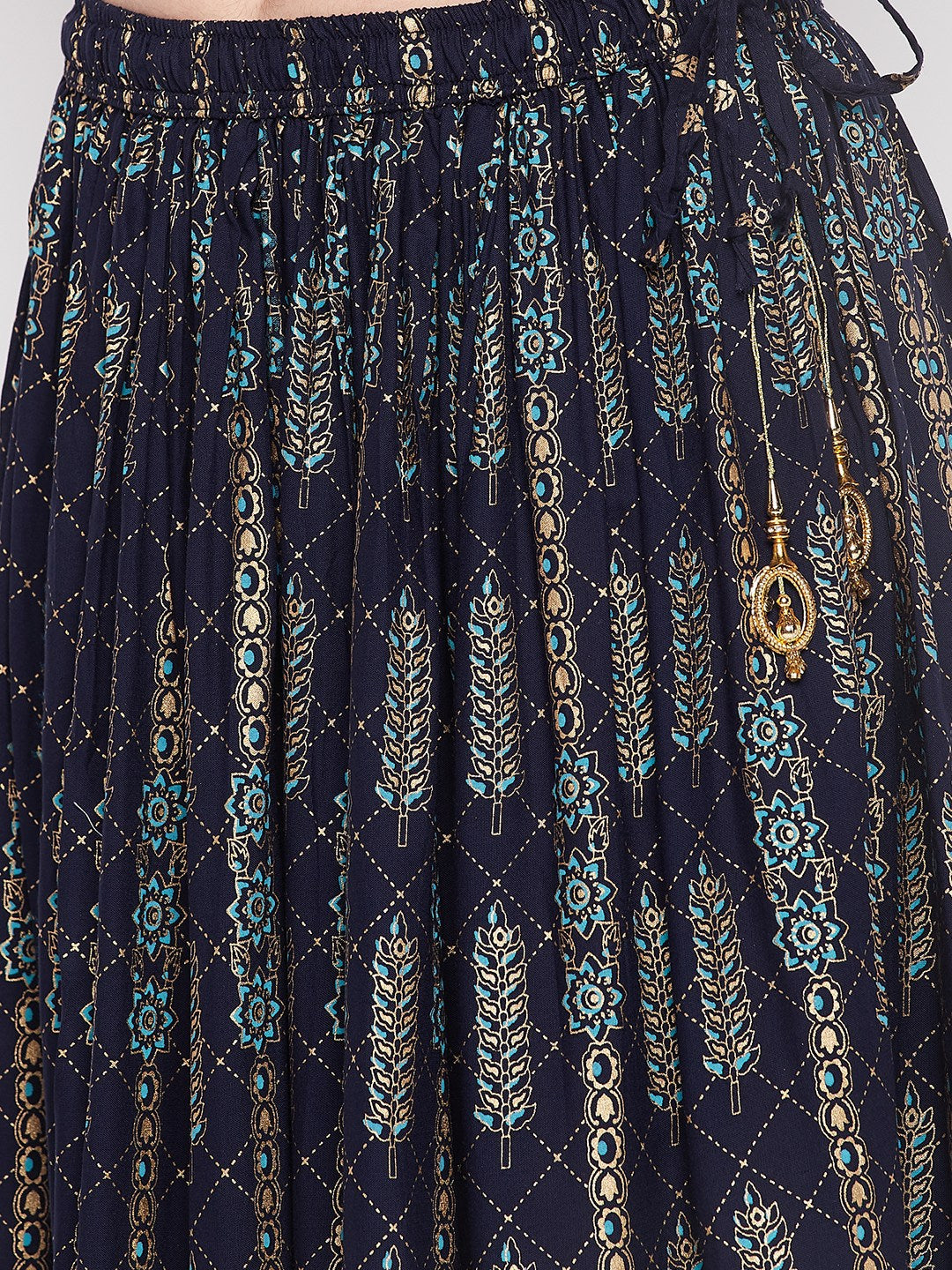 Clora Navy Blue Printed Rayon Flared Skirt