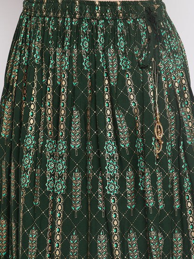 Clora Bottle Green Printed Rayon Flared Skirt