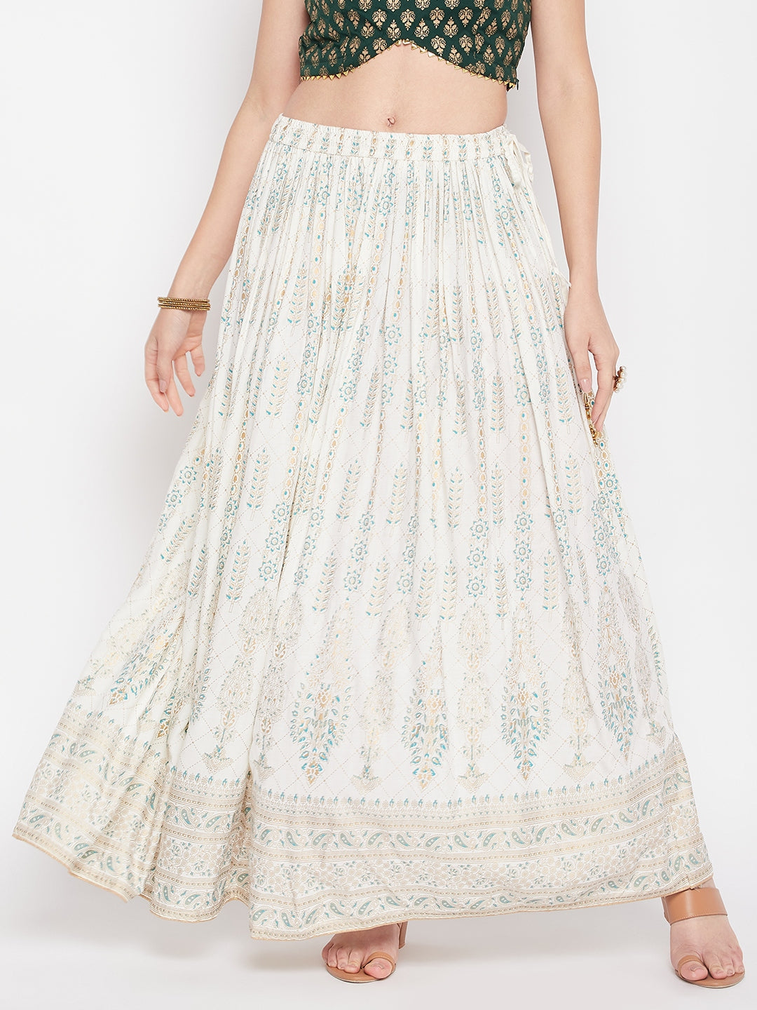 Clora Cream Printed Rayon Flared Skirt