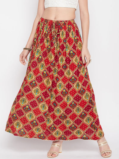Clora Red Printed Rayon Maxi Skirt