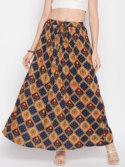 Navy Blue Printed Rayon Maxi Skirt with geometric foil print and elasticated waistband.