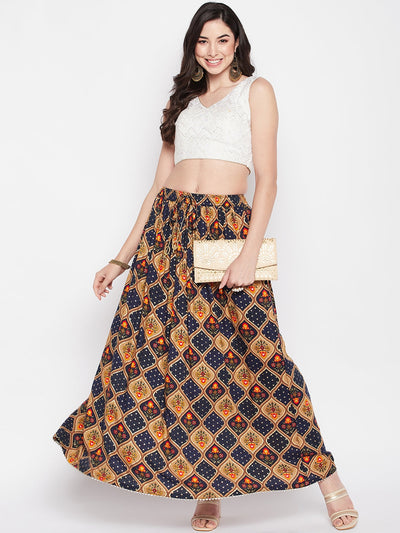 Clora Navy Blue Printed Rayon Maxi Skirt