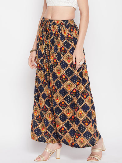 Navy blue printed rayon maxi skirt with geometric foil print and elastic waistband.