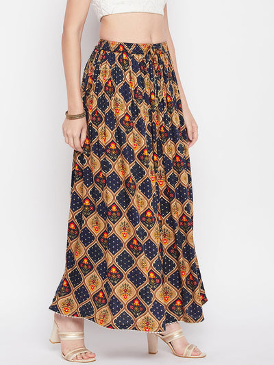 Clora Navy Blue Printed Rayon Maxi Skirt