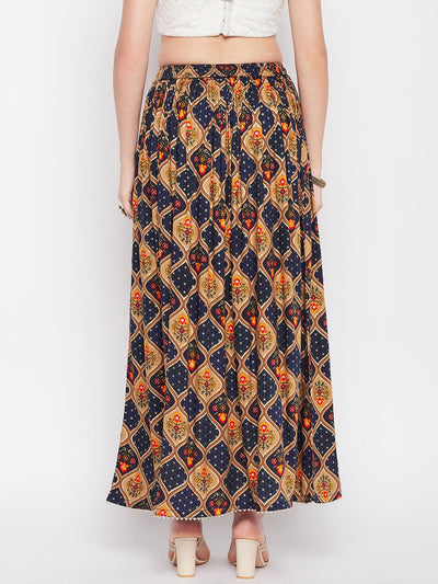 Navy blue printed rayon maxi skirt with geometric foil print and flared hem.