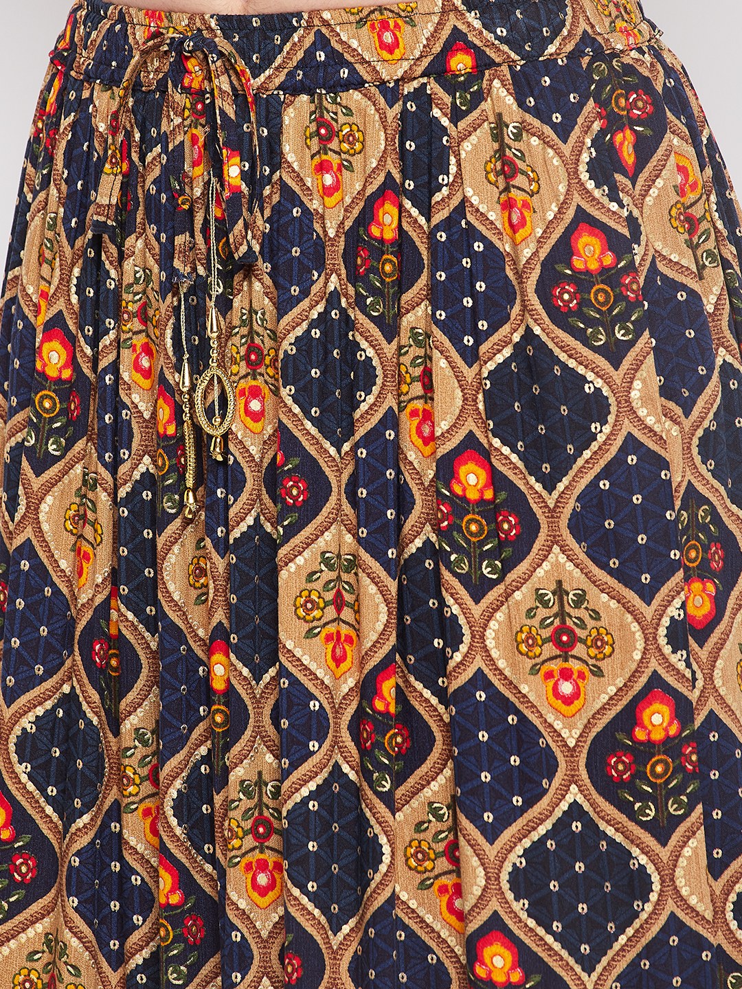 Navy Blue Printed Rayon Maxi Skirt with Geometric Foil Print and Gotta Work Detailing
