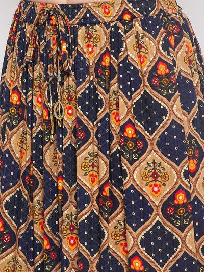 Navy Blue Printed Rayon Maxi Skirt with Geometric Foil Print and Gotta Work Detailing