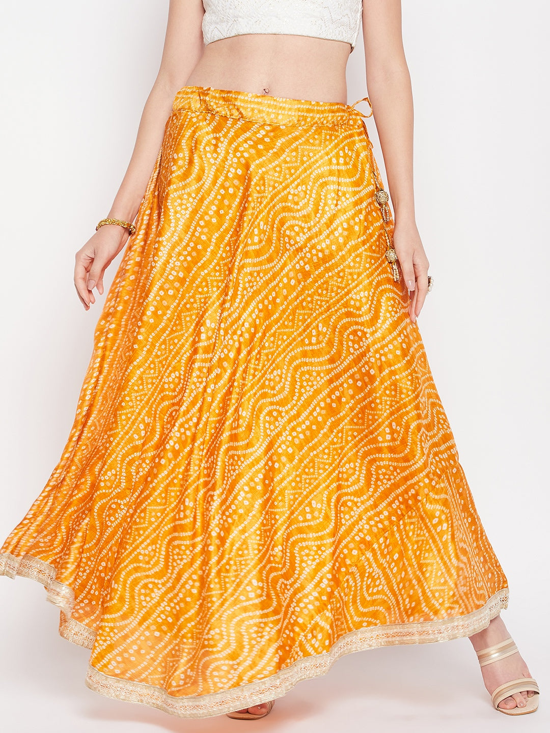 Clora Mustard Tie & Dye Bandhani Printed Chinon Skirt