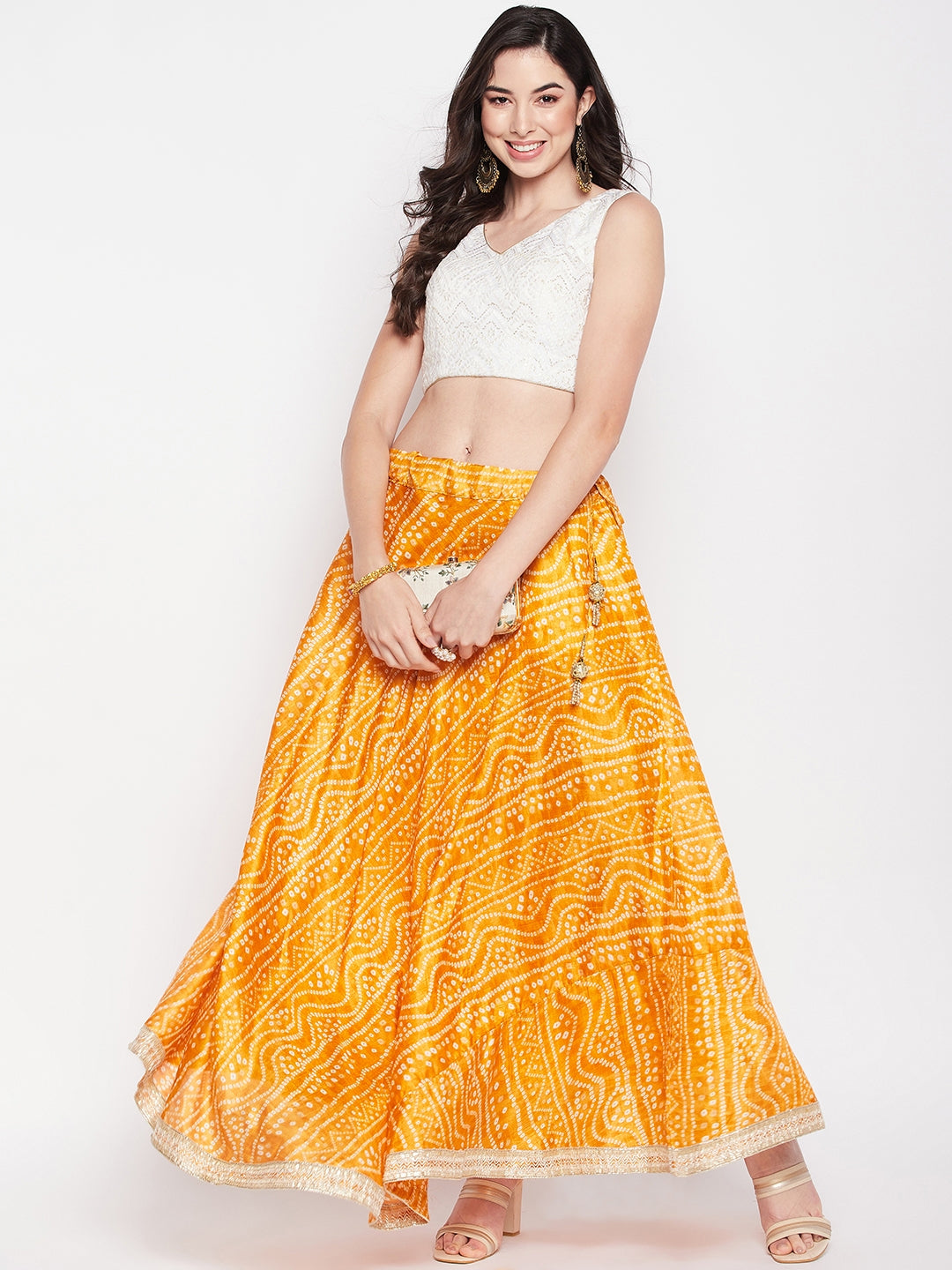 Clora Mustard Tie & Dye Bandhani Printed Chinon Skirt