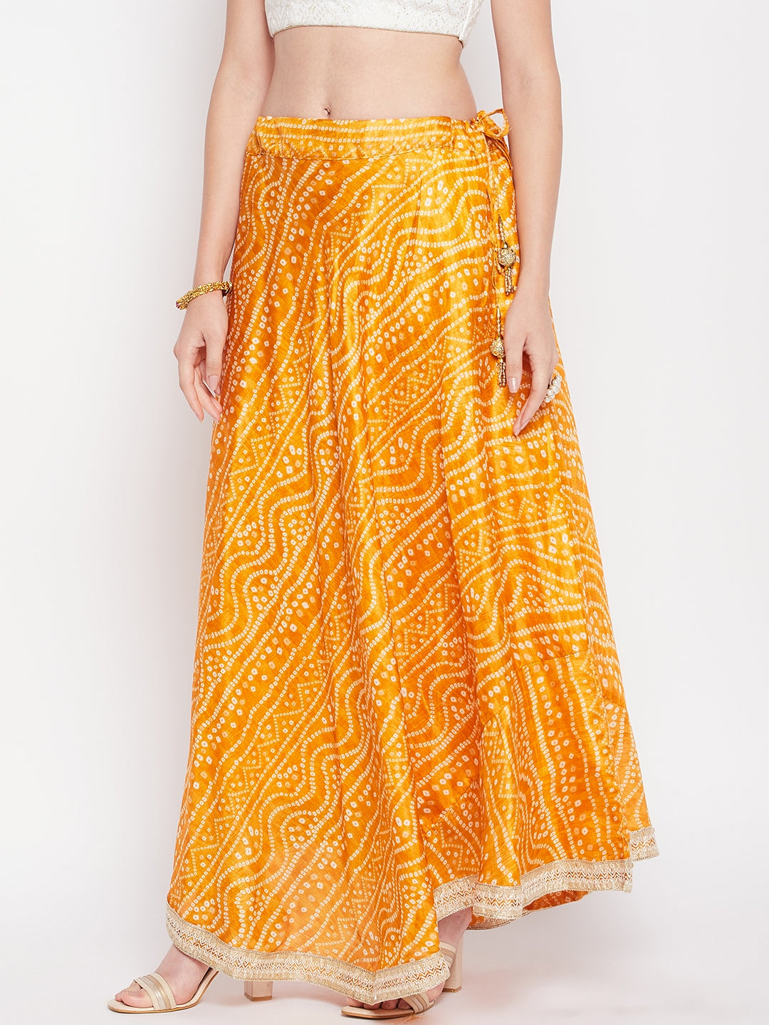 Clora Mustard Tie & Dye Bandhani Printed Chinon Skirt
