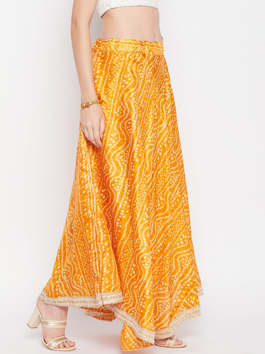 Clora Mustard Tie & Dye Bandhani Printed Chinon Skirt