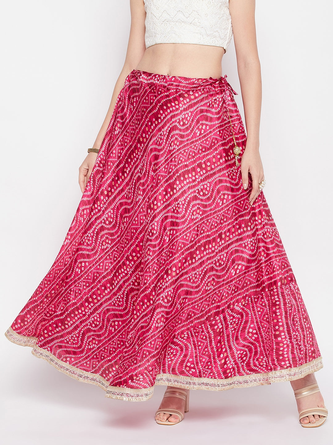 Clora Magenta Tie & Dye Bandhani Printed Chinon Skirt