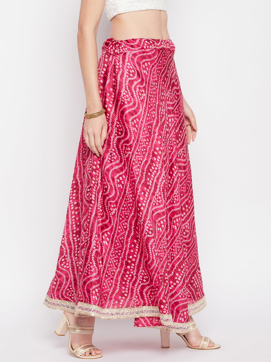 Clora Magenta Tie & Dye Bandhani Printed Chinon Skirt