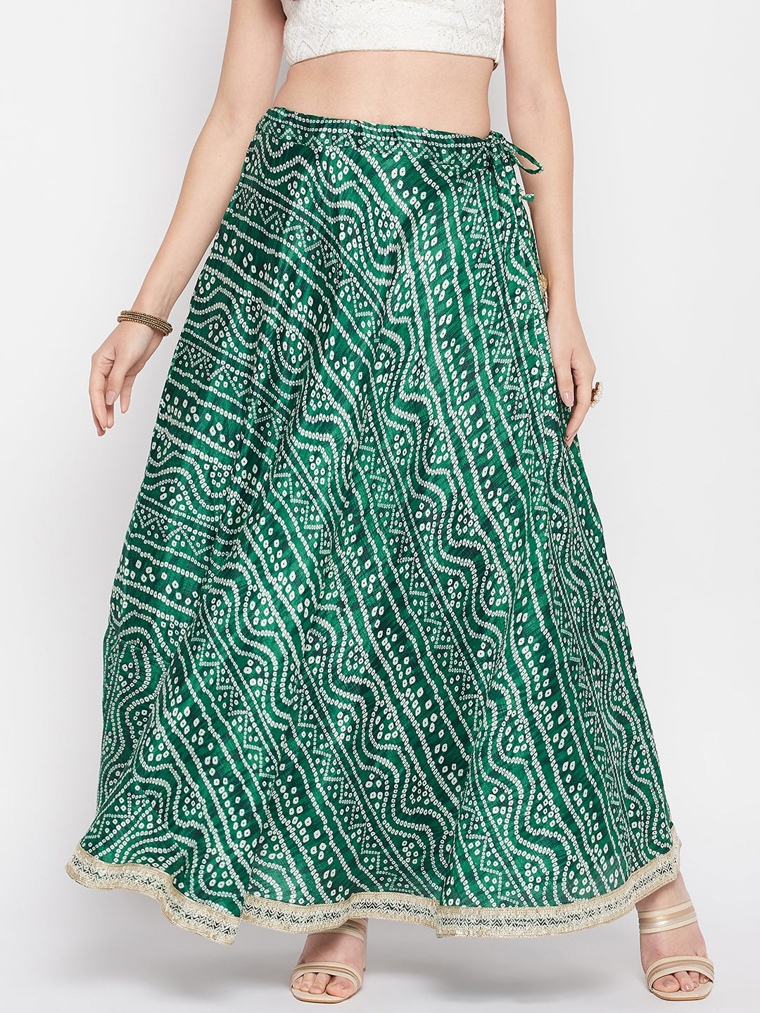 Clora Bottle Green Tie & Dye Bandhani Printed Chinon Skirt