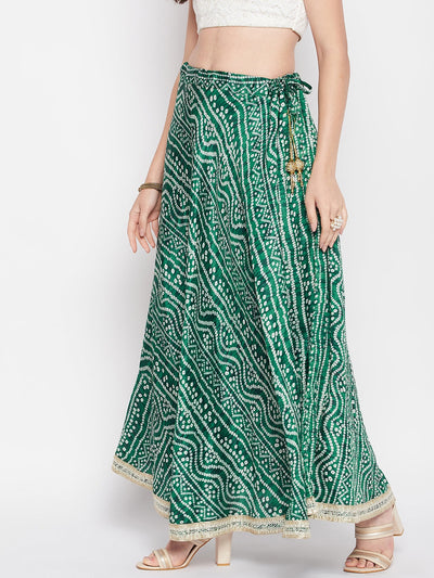 Clora Bottle Green Tie & Dye Bandhani Printed Chinon Skirt