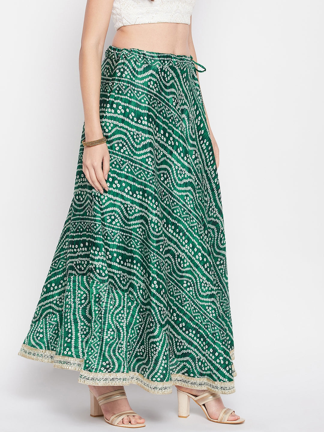 Clora Bottle Green Tie & Dye Bandhani Printed Chinon Skirt