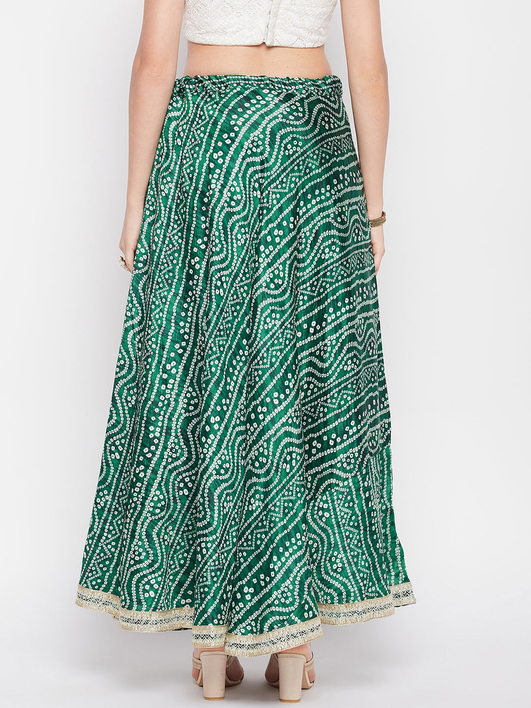 Clora Bottle Green Tie & Dye Bandhani Printed Chinon Skirt