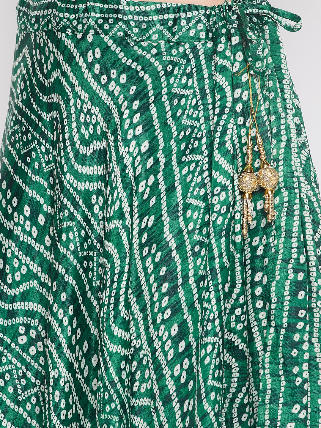 Clora Bottle Green Tie & Dye Bandhani Printed Chinon Skirt