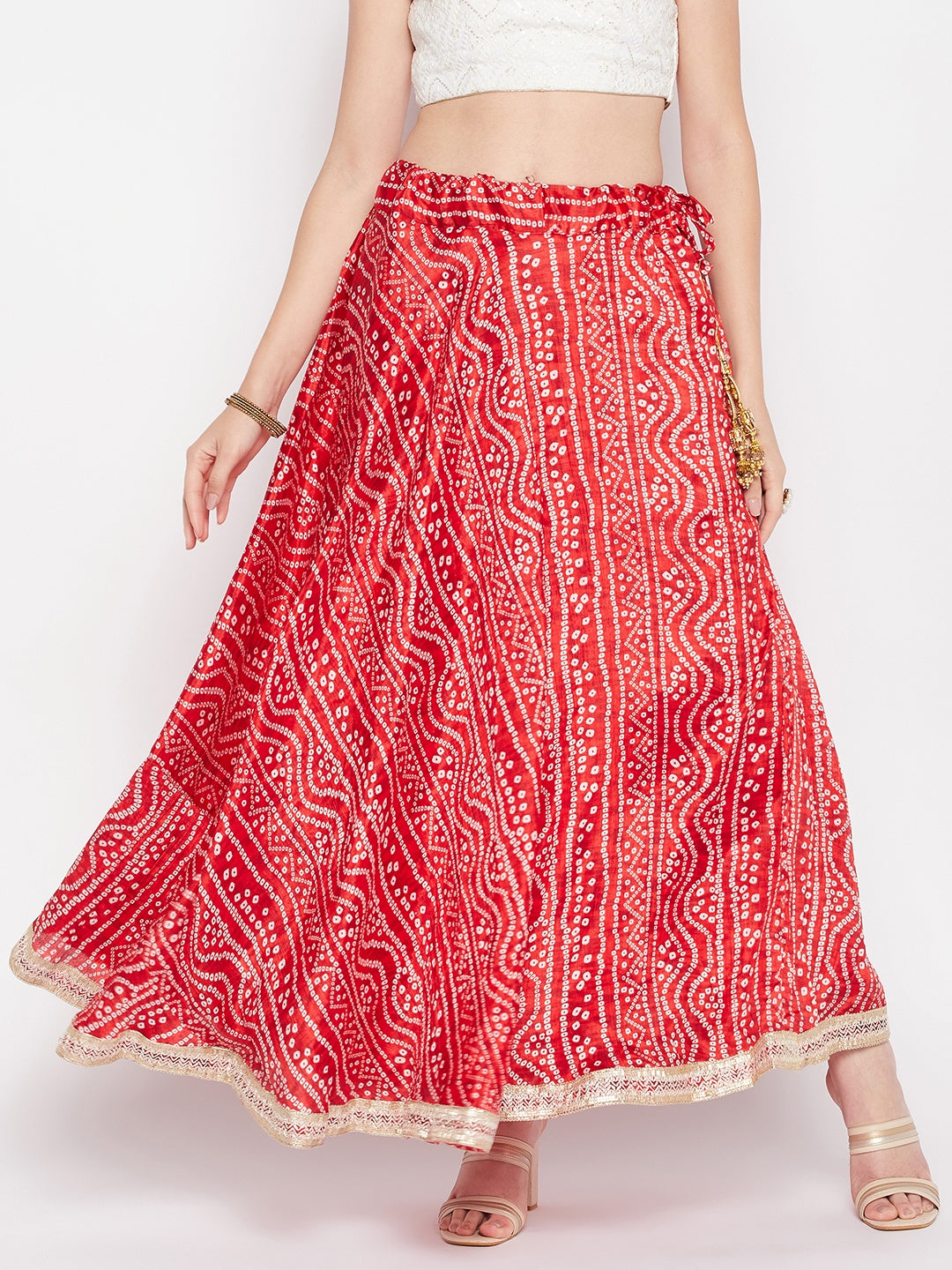 Clora Red Tie & Dye Bandhani Printed Chinon Skirt