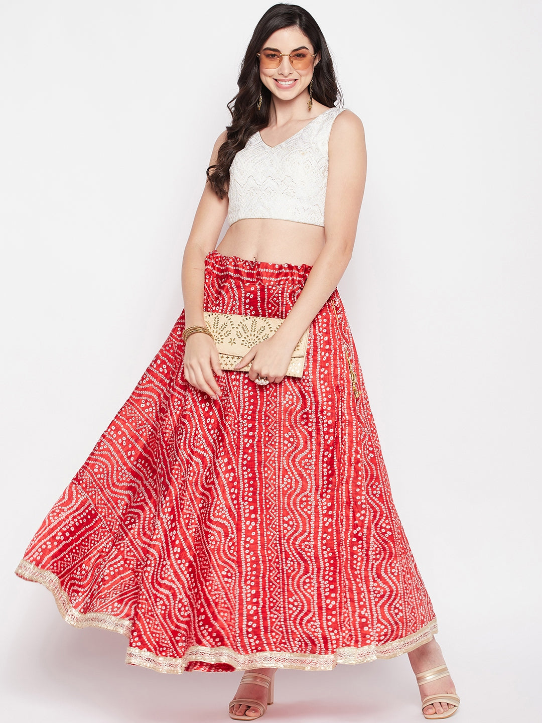 Clora Red Tie & Dye Bandhani Printed Chinon Skirt