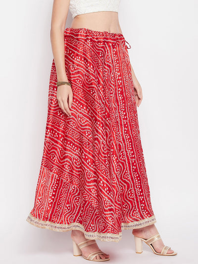 Clora Red Tie & Dye Bandhani Printed Chinon Skirt