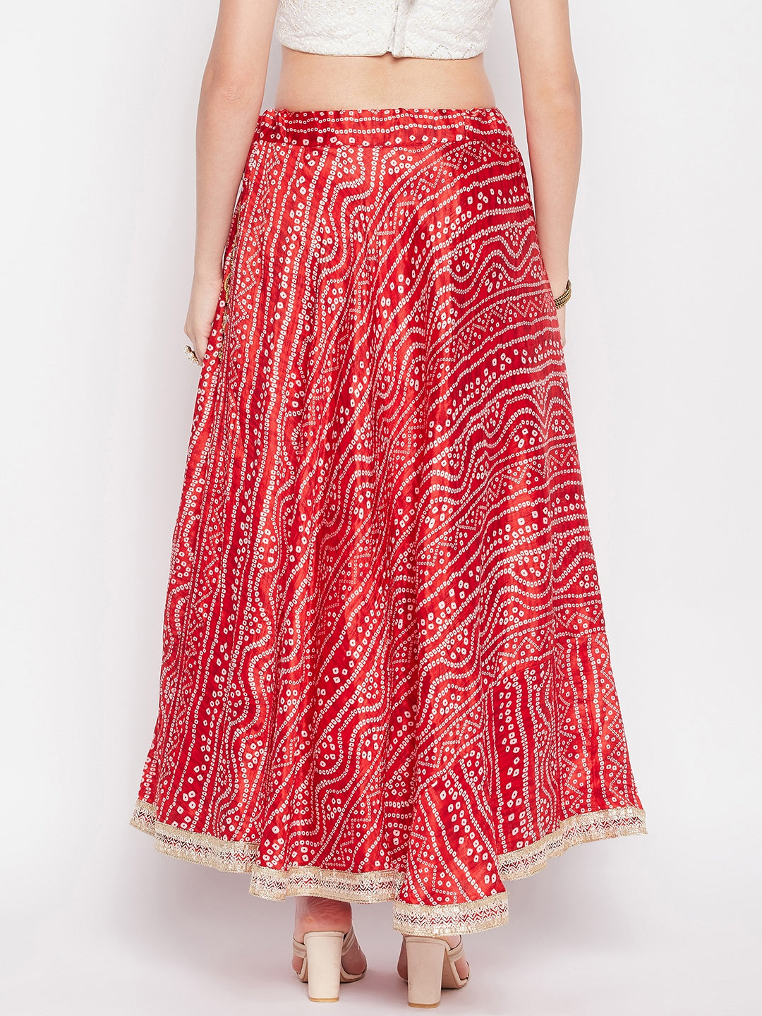Clora Red Tie & Dye Bandhani Printed Chinon Skirt