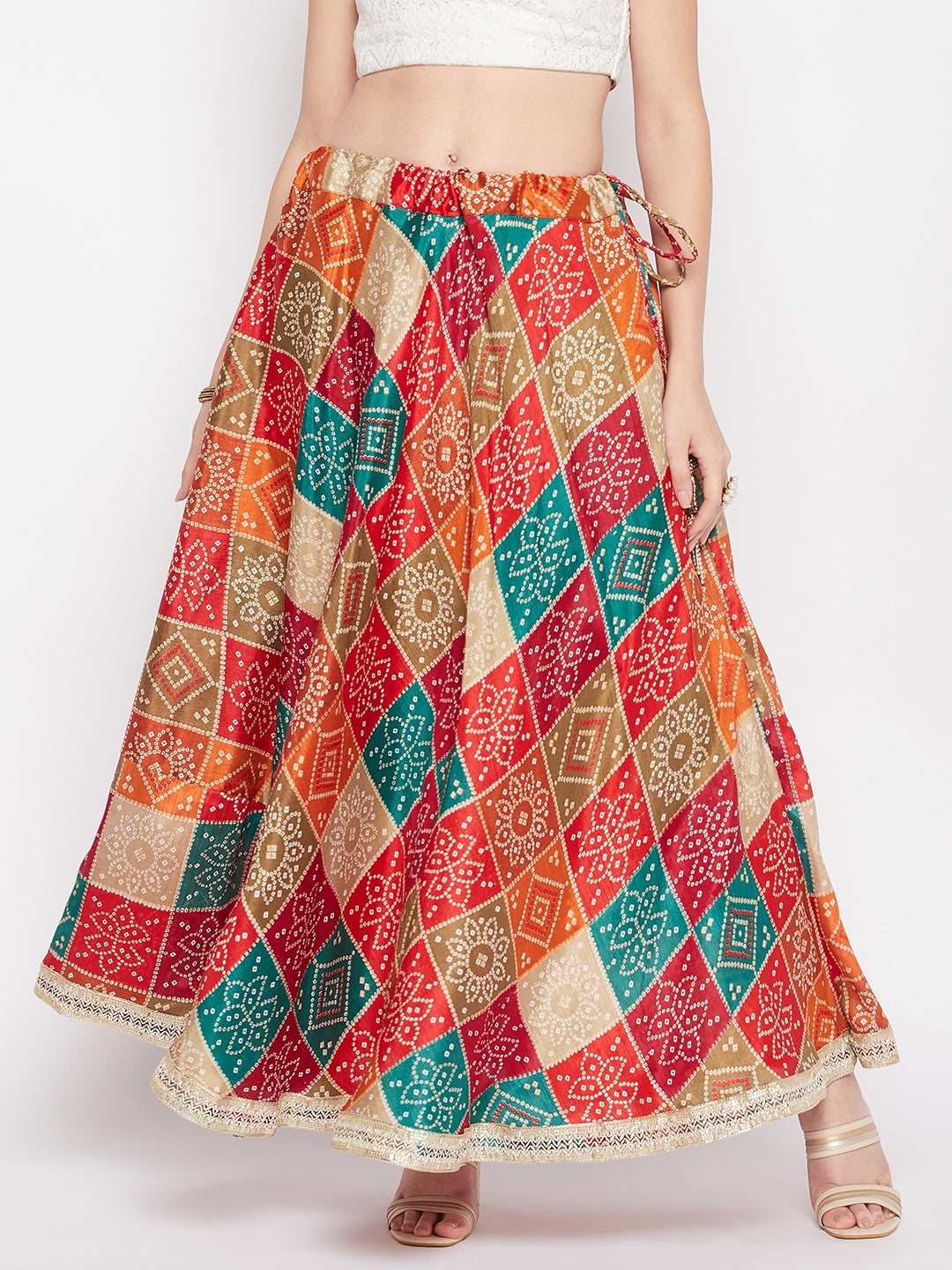 Clora Multicoloured Tie & Dye Bandhani Printed Chinon Skirt