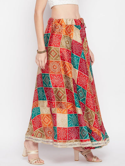 Clora Multicoloured Tie & Dye Bandhani Printed Chinon Skirt