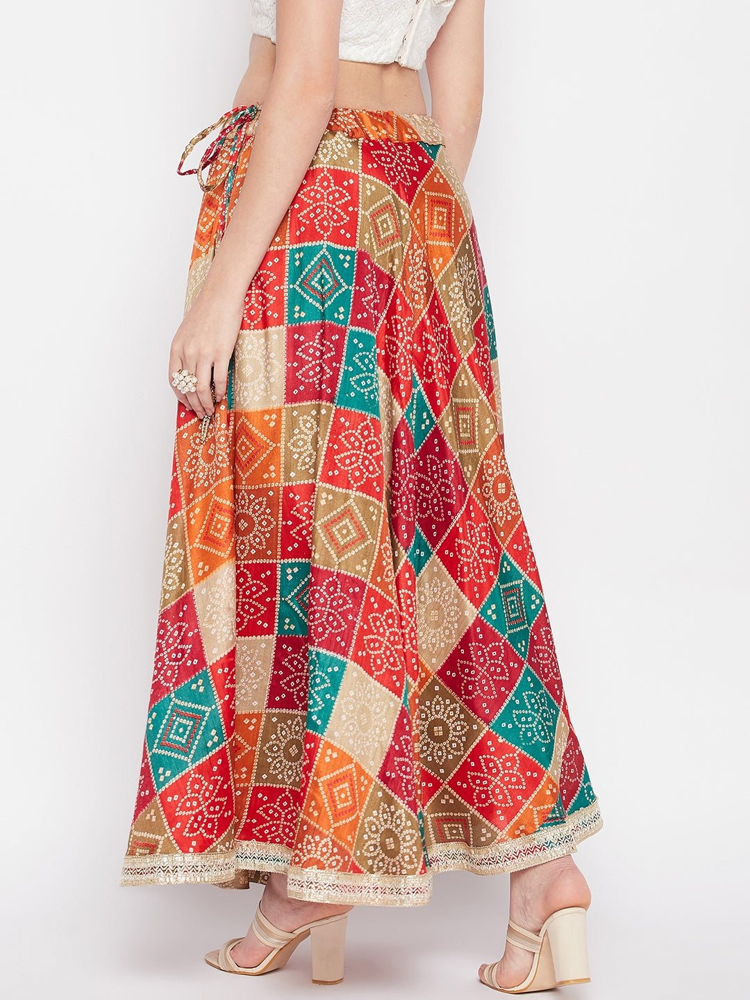 Clora Multicoloured Tie & Dye Bandhani Printed Chinon Skirt