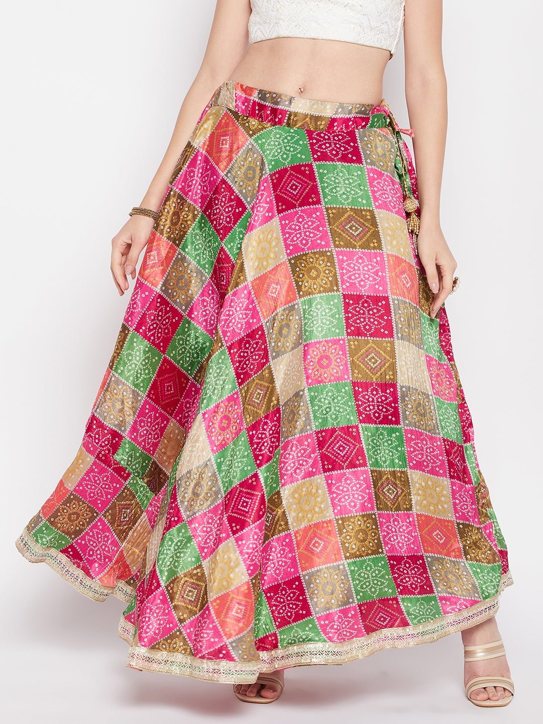 Clora Multicoloured Tie & Dye Bandhani Printed Chinon Skirt