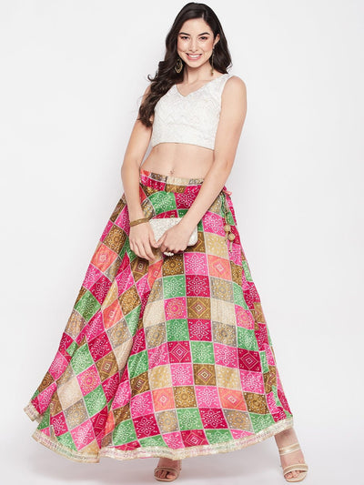 Clora Multicoloured Tie & Dye Bandhani Printed Chinon Skirt