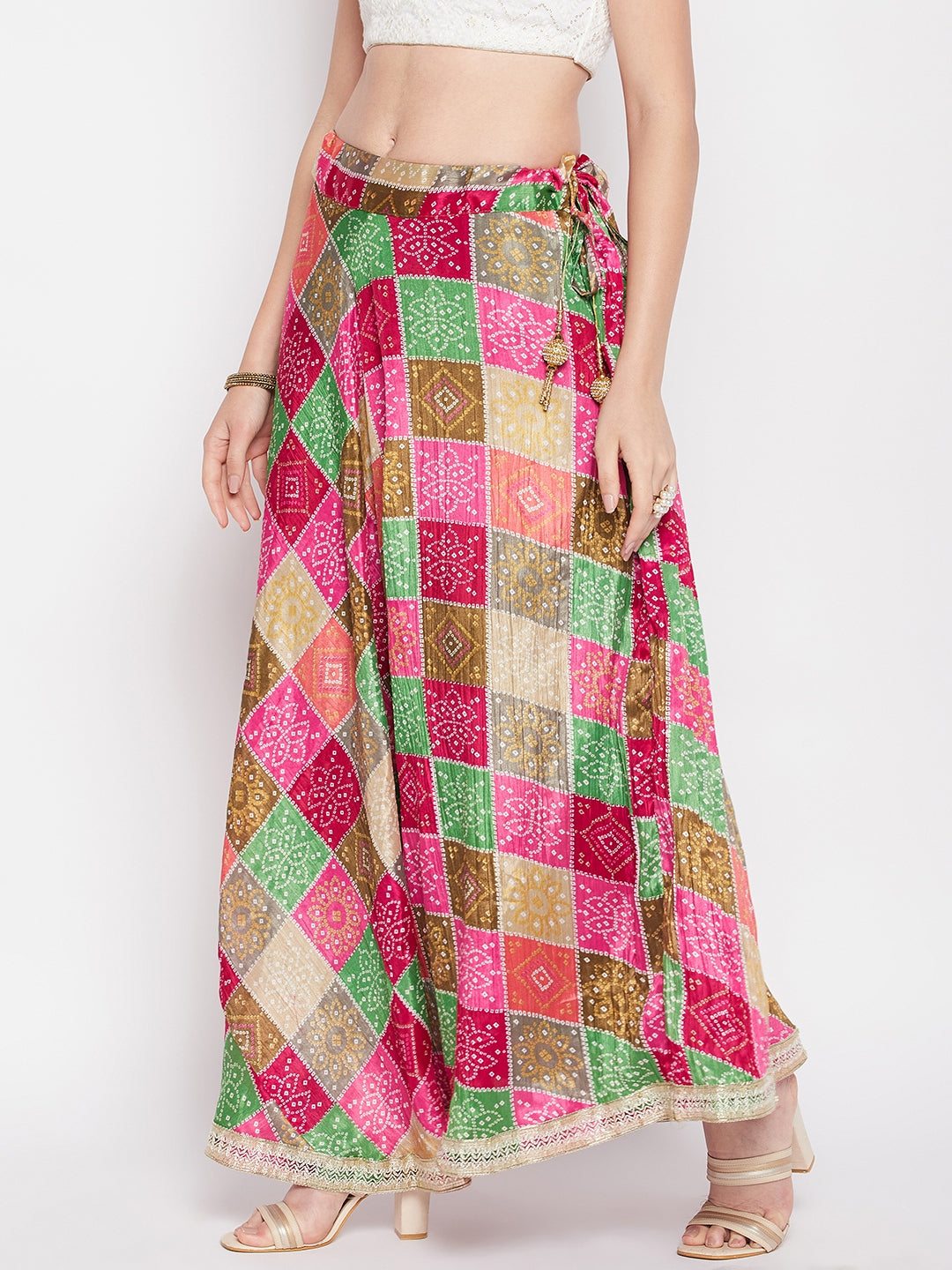 Clora Multicoloured Tie & Dye Bandhani Printed Chinon Skirt