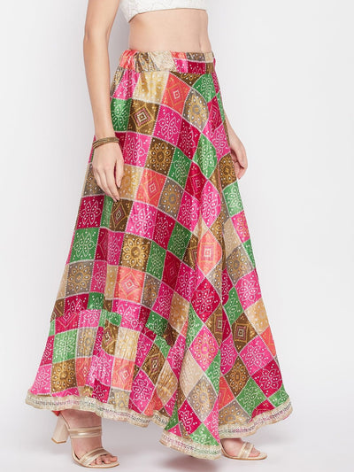 Clora Multicoloured Tie & Dye Bandhani Printed Chinon Skirt