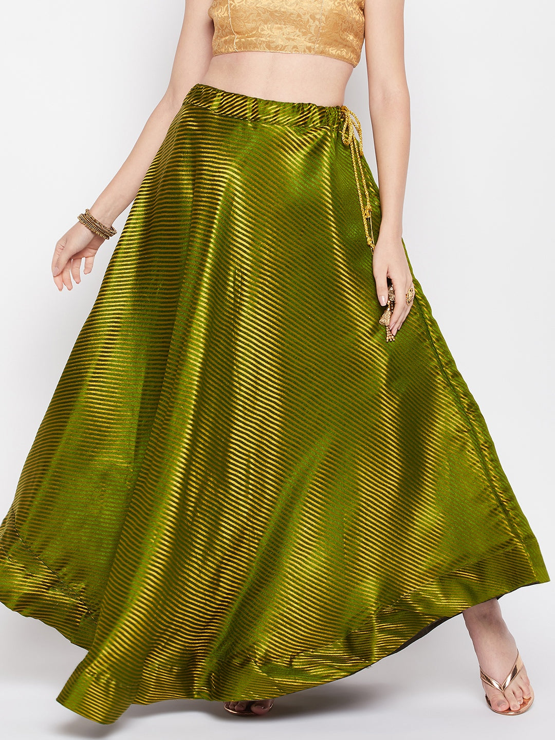 Clora Olive Striped Brocade Flared Skirt