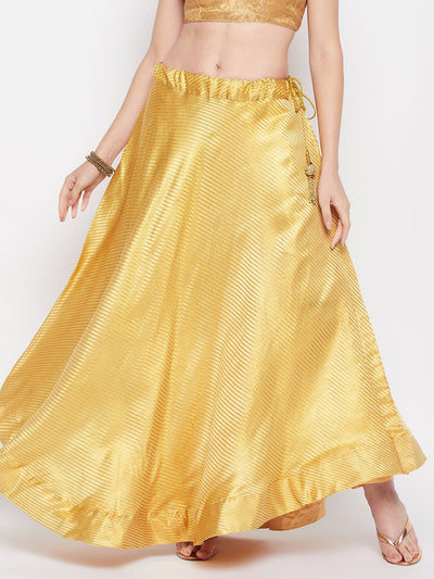 Beige striped brocade flared skirt with drawstring closure and lining.