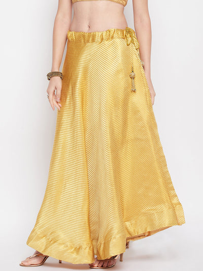 Beige striped brocade flared skirt with drawstring closure and lining.