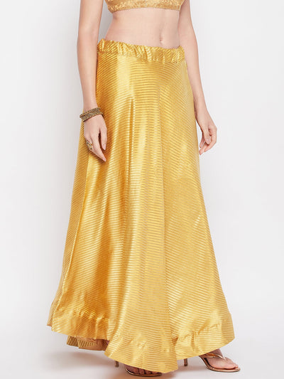 Beige striped brocade flared skirt with drawstring closure and lining.