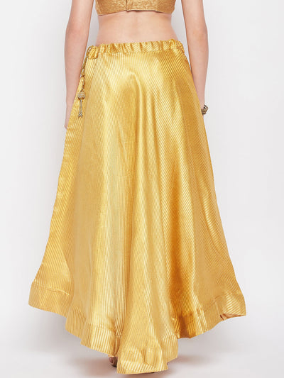 Beige striped brocade flared skirt with drawstring closure and lining.