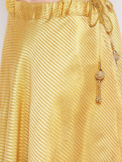 Beige striped brocade flared skirt with drawstring and lining.