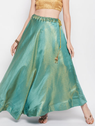 Rama Green Striped Brocade Flared Skirt with drawstring closure and lining.
