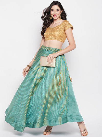 Rama Green Striped Brocade Flared Skirt with Drawstring and Lining