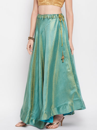 Rama Green Striped Brocade Flared Skirt with Drawstring Closure and Lining.