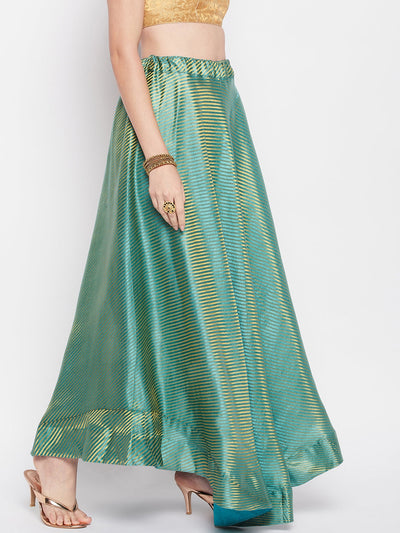 Rama Green Striped Brocade Flared Skirt with Drawstring Closure